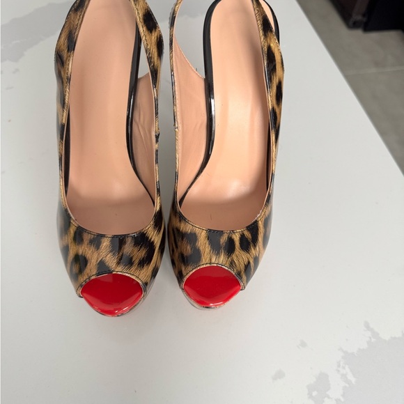 Leopard Print Peep Toe Slingback Heels - Picture 3 of 5